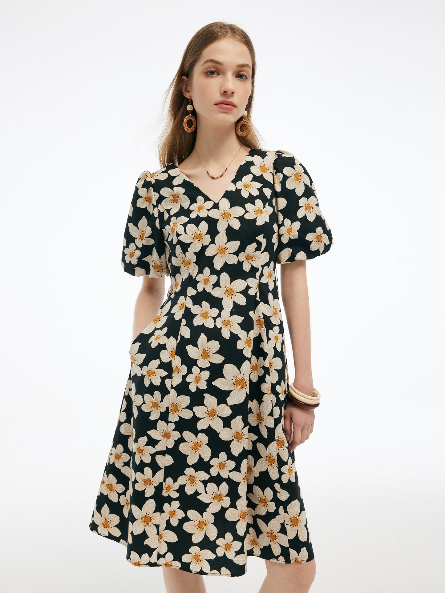 Cotton Stretch Floral Print Women Tie Belt Midi Dress