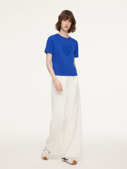 Cotton Blend Round Neck Tape Embroidered Women T-Shirt