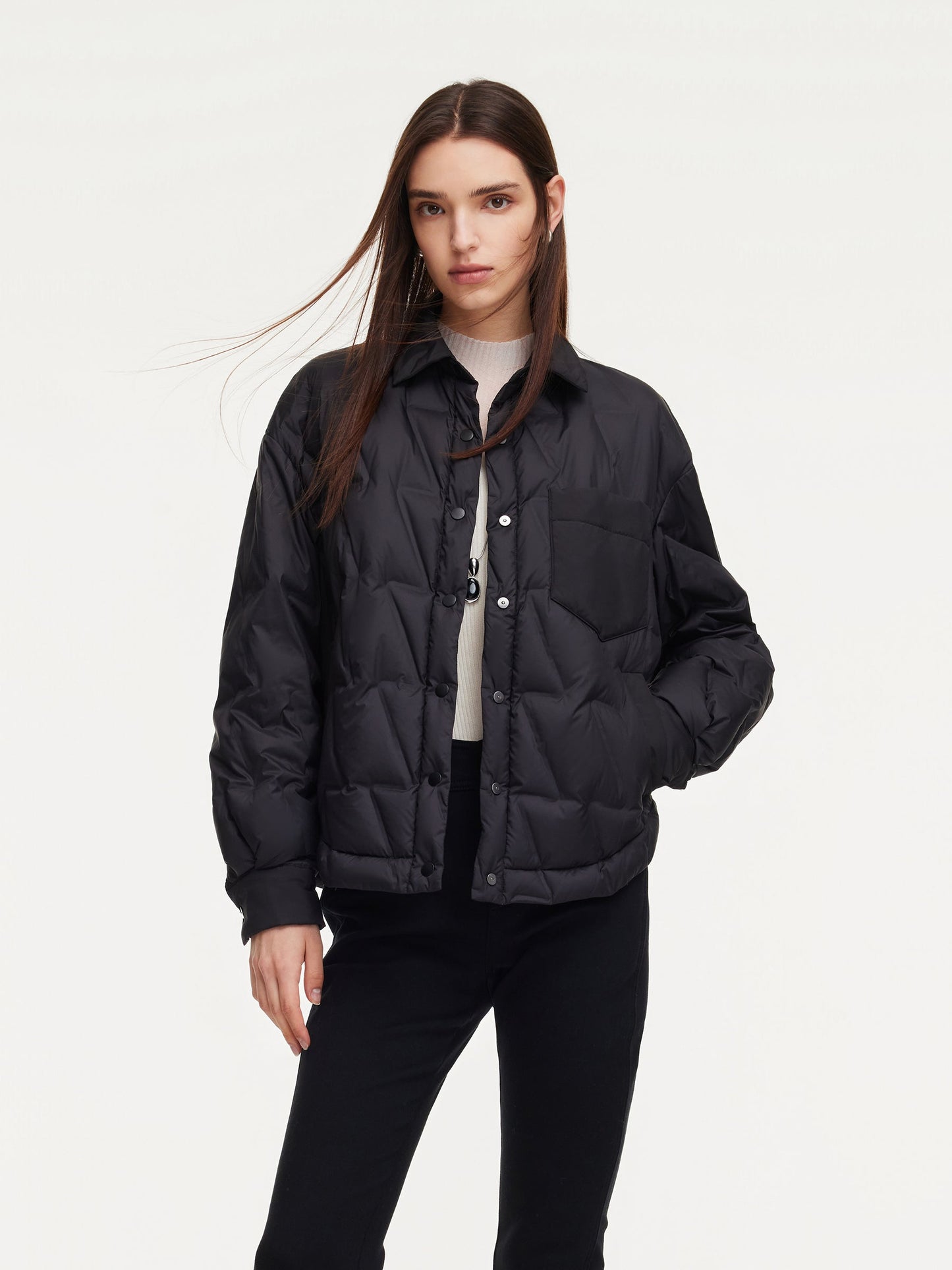 Drawstring Hem Shirt Collar Goose Down Jacket
