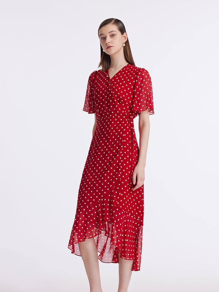 10 Momme Mulberry Silk Polka Dots Print Wrapped Ruffle Women Midi Dress