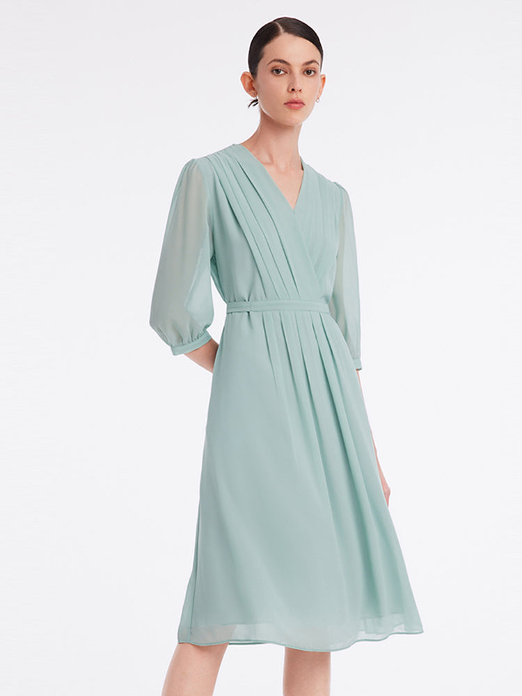 V-Neck Pleated Lace Up Wrap Midi Dress