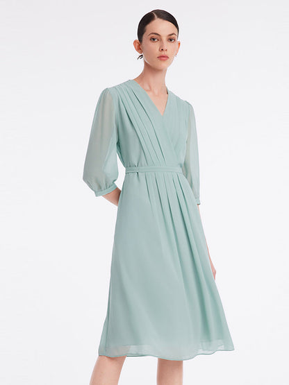 V-Neck Pleated Lace Up Wrap Midi Dress