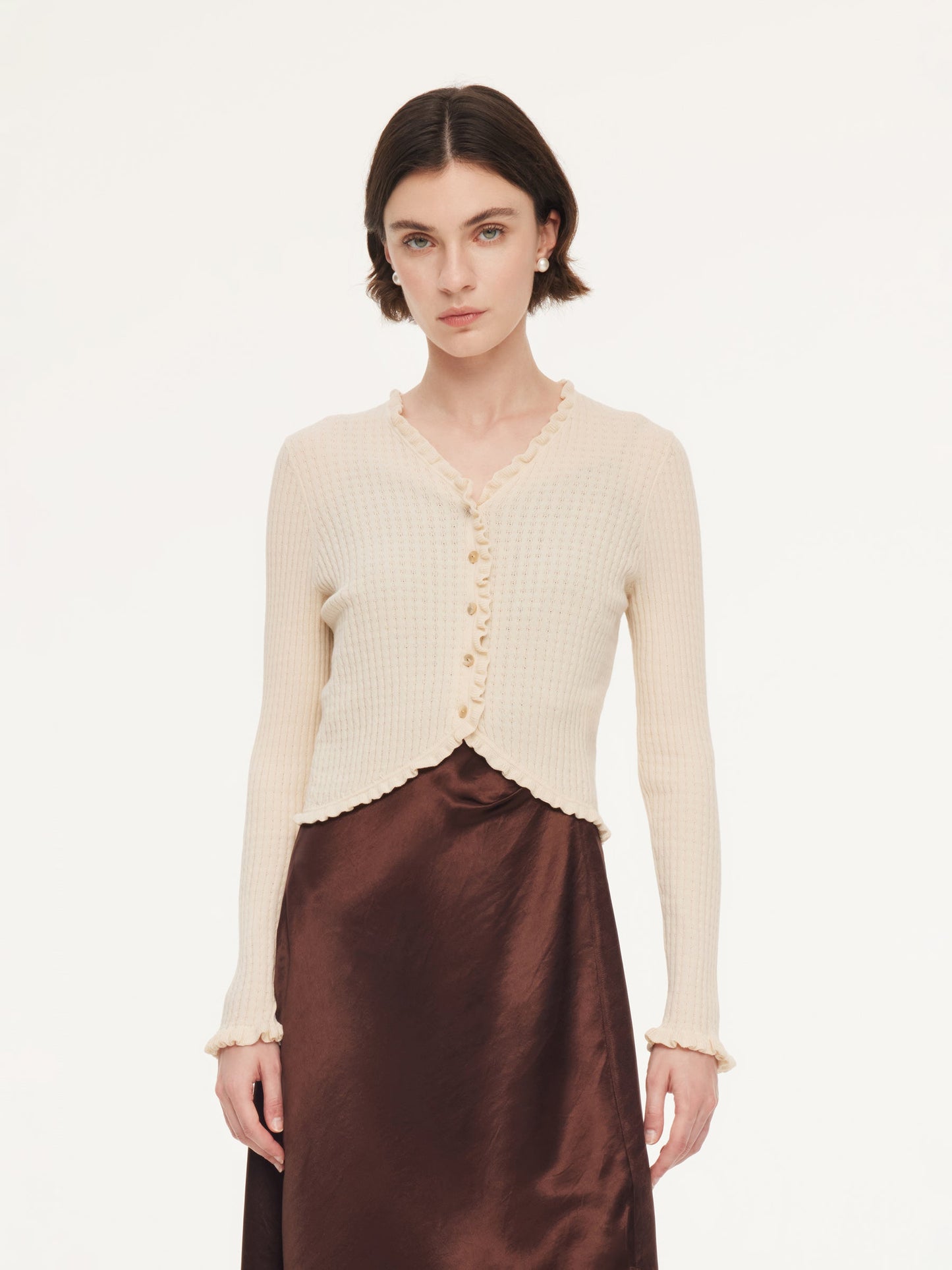 Cotton Mulberry Silk Blend Ruffle Trim Women Cardigan