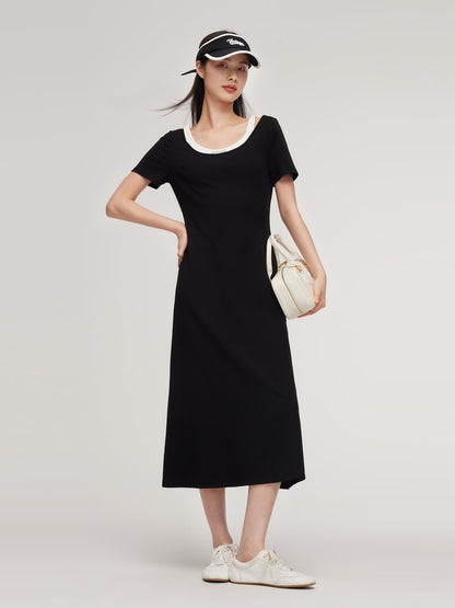 Pre-Order Faux Two-Piece Patchwork Slim Fit Women T-Shirt Maxi Dress
