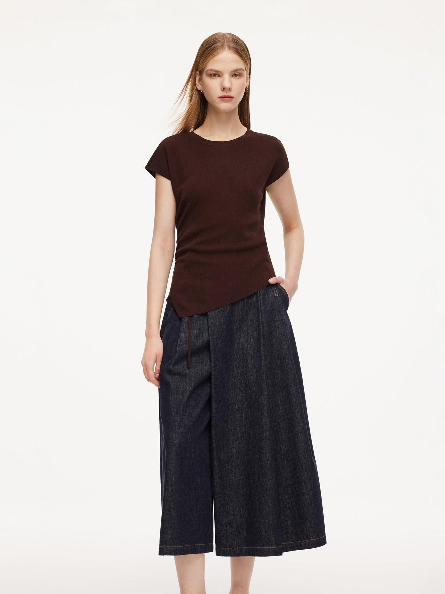 Lyocell Blend Side Drawstring Women Asymmetric Knit Top