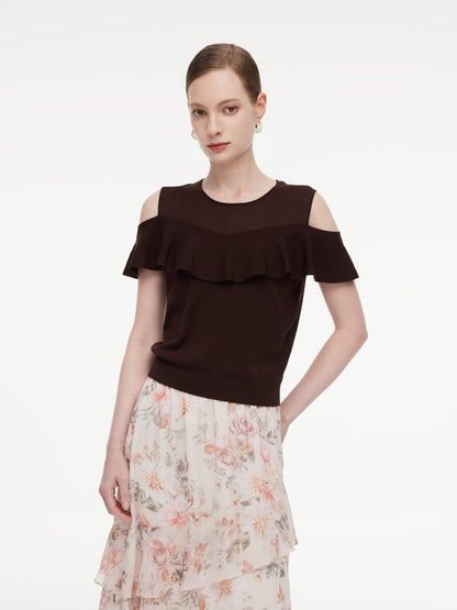 Tencel Blend Ruffle Cold Shoulder Women Knit Top