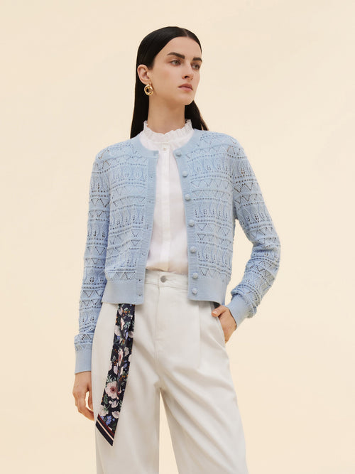 Cotton Openwork Women Round Neck Cardigan