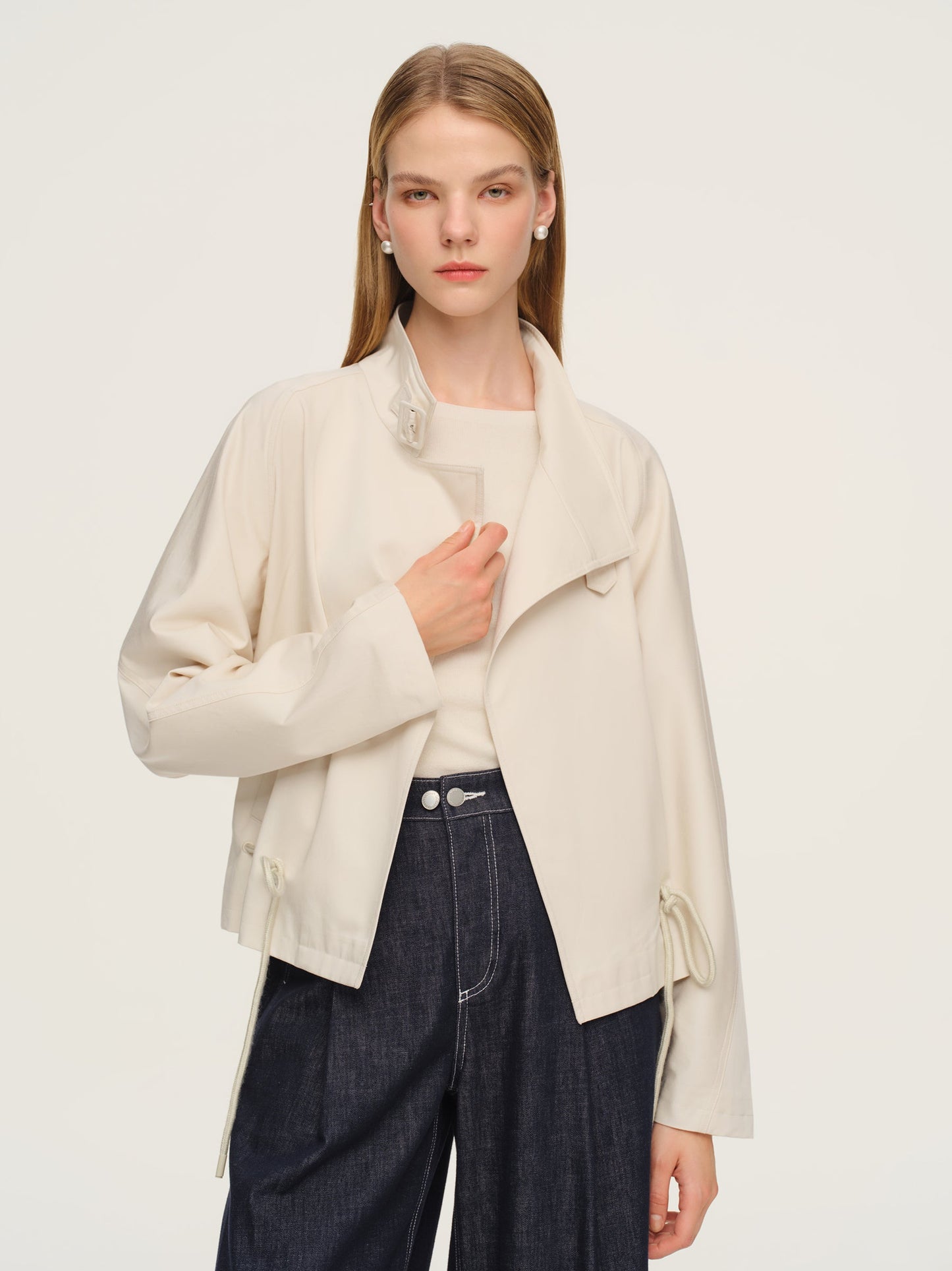 Tencel Blend Drawstring Hem Women Short Trench Coat