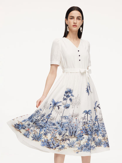 Tencel Linen Floral Print Women V-Neck Midi Dress With Self-Tie Belt