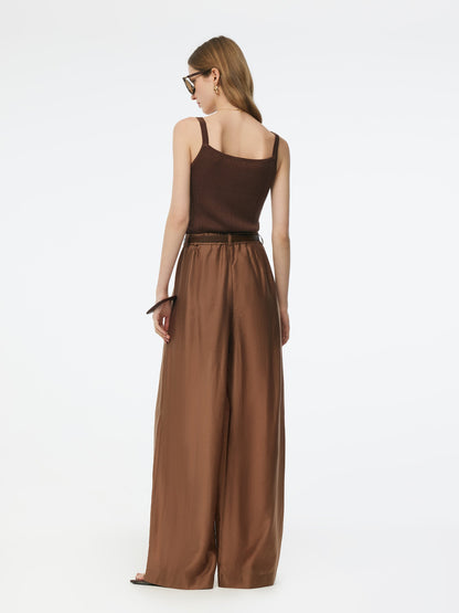 Tencel Blend Women Wide Leg Pants With GO Letter Leather Belt