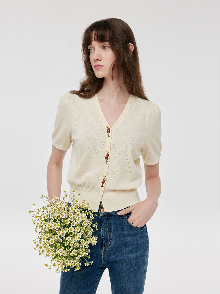 Tencel-Silk Blend Floral Embroidered Women Knit Top