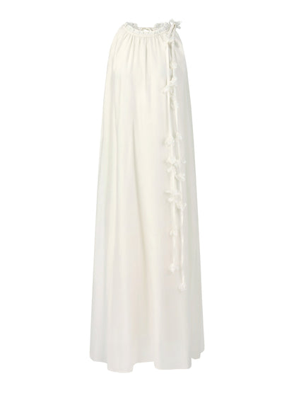 Ruffle Neckline Women Halter Maxi Dress With Floral Ribbon