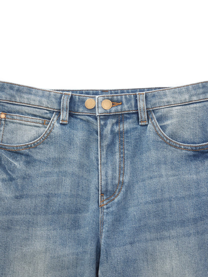 Cotton Denim Adjustable Waist Women Straight Leg Folded Jeans