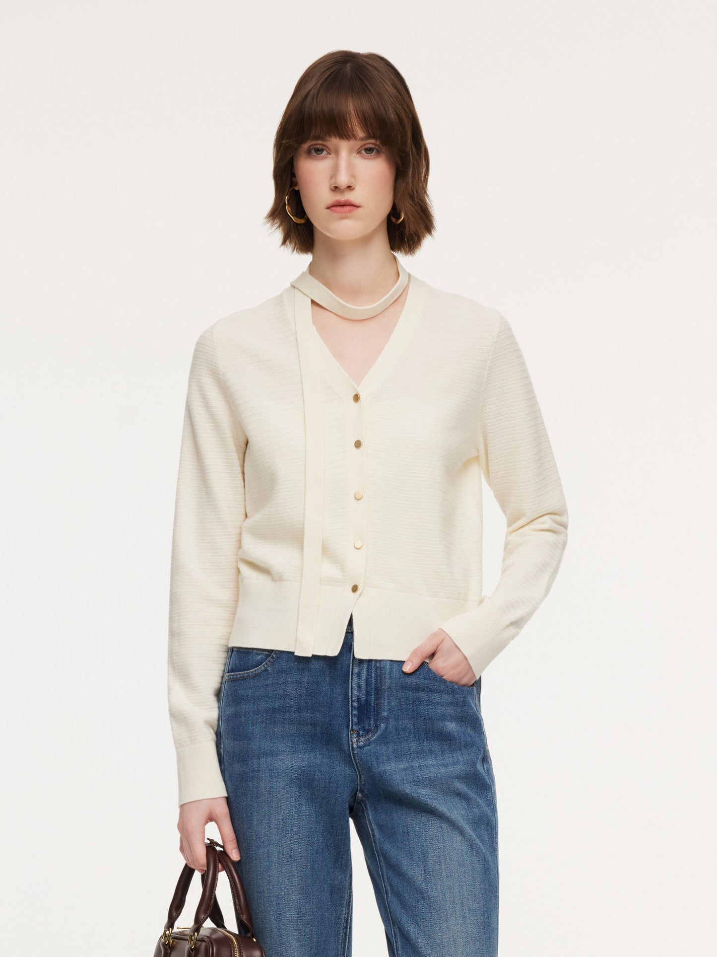 Tencel Wool Blend V-Neck Women Cardigan With Detachable Ribbon