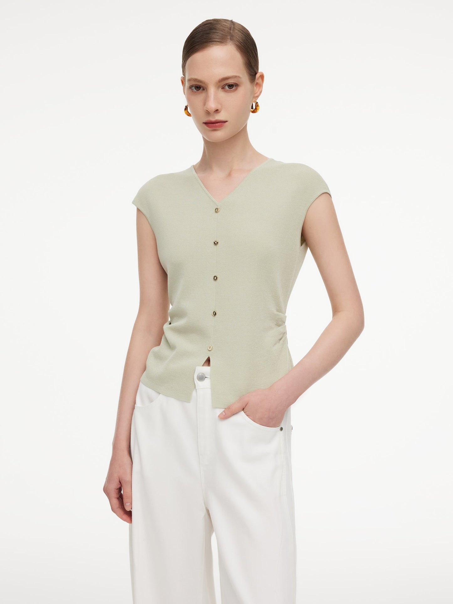 Tencel Blend Side Twist Women Cap Sleeve Knit Top