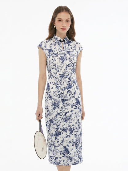 19MM Mulberry Silk Floral Print Women Qipao Maxi Dress