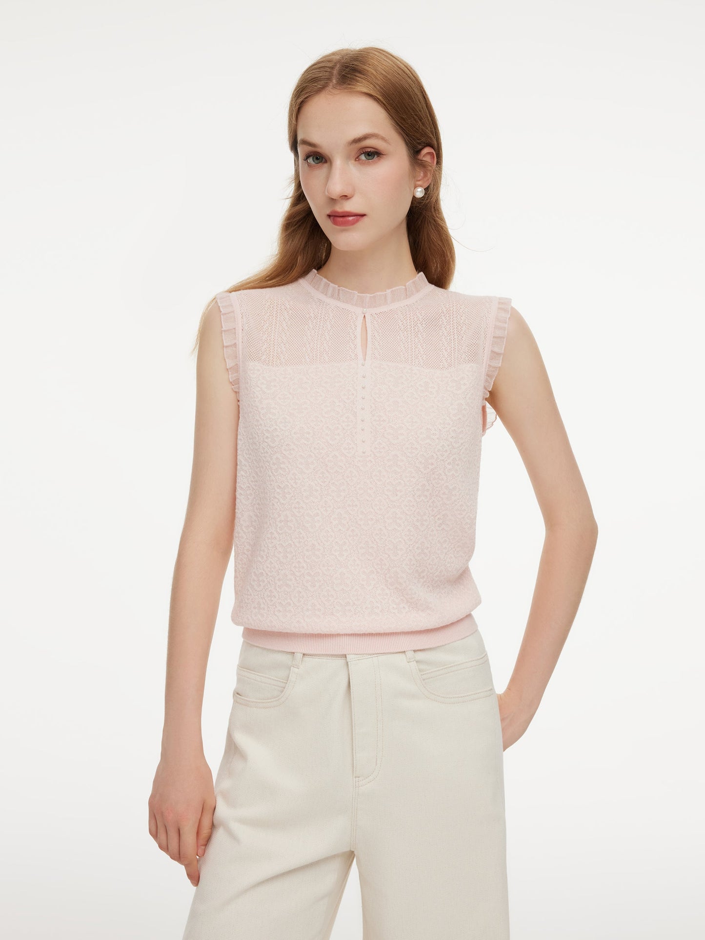 Jacquard Cut Out Neckline Women Ruffle Knit Tank Top