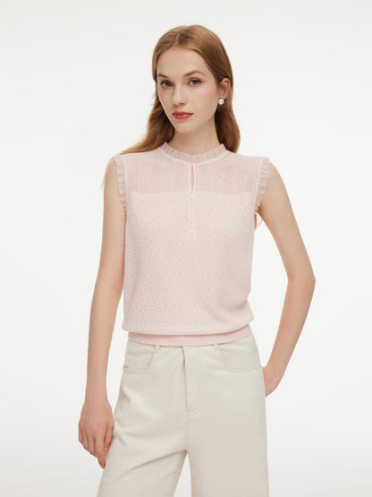Jacquard Cut Out Neckline Women Ruffle Knit Tank Top