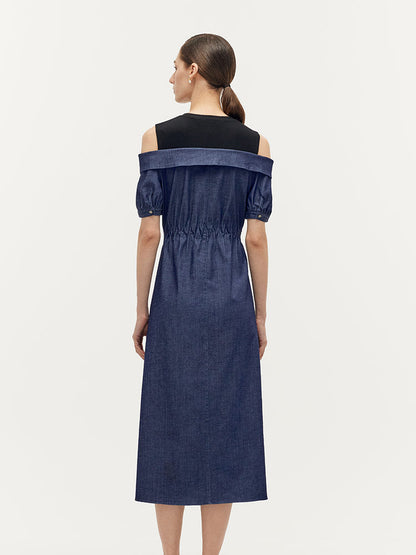 Denim Lyocell Cold Shoulder Patchwork Women Midi Dress