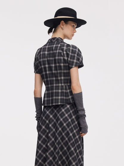 Plaid Ribbon Tie Women Flare Hem Top