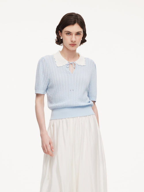 Tencel Blend Color Block Tie Front Women Openwork Knit Top