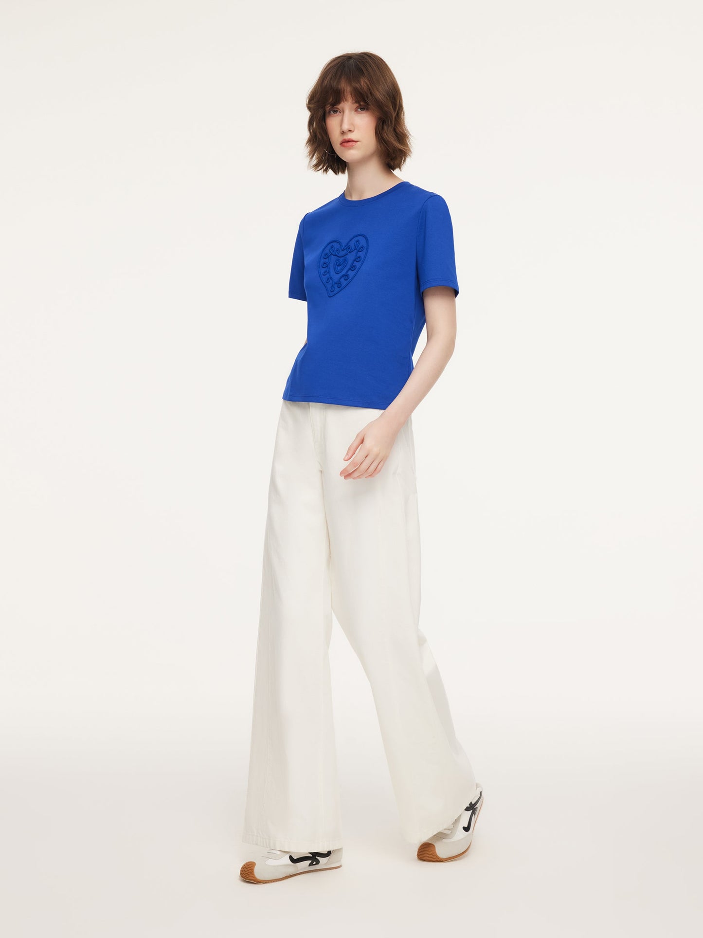 Cotton Blend Round Neck Tape Embroidered Women T-Shirt