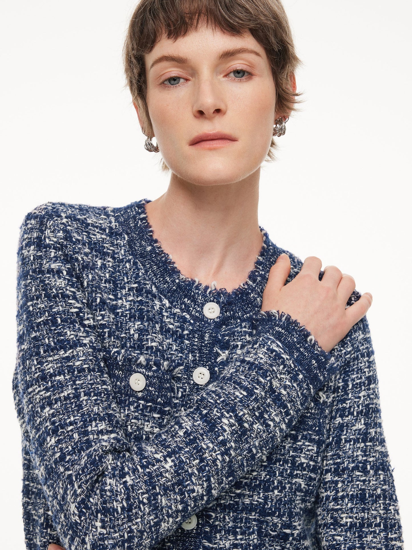 Wool Cotton Blend Frayed Trim Women Cardigan