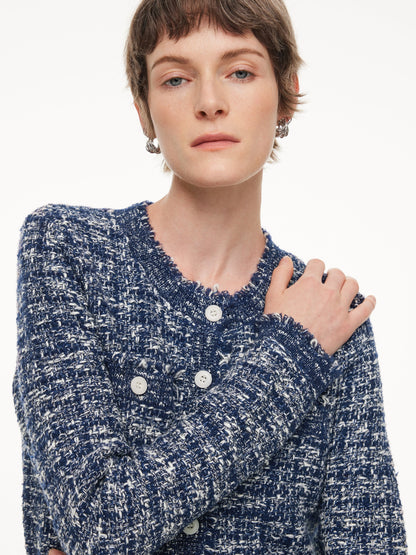 Wool Cotton Blend Frayed Trim Women Cardigan