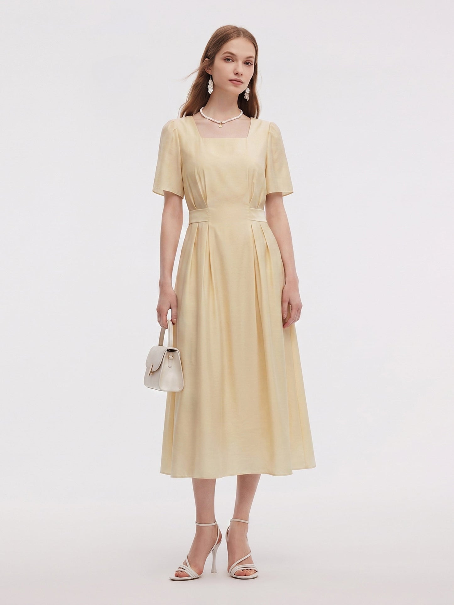 Pre-Order Tencel Blend Square Neck Women Gather-Waisted Maxi Dress