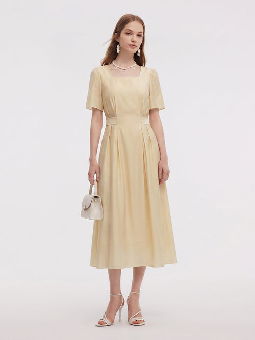 Pre-Order Tencel Blend Square Neck Women Gather-Waisted Maxi Dress