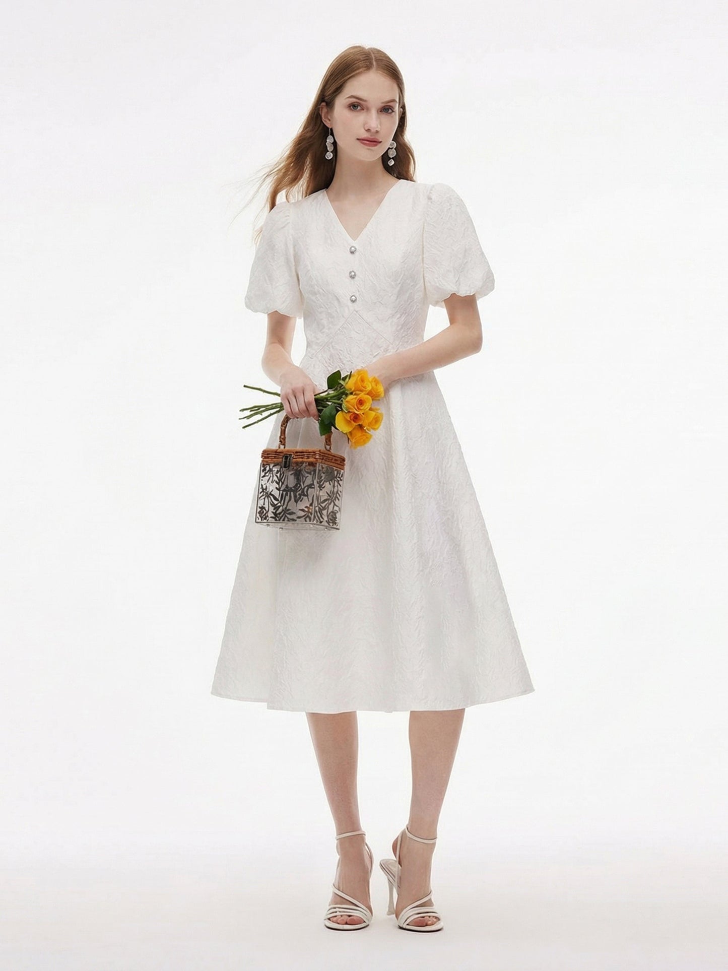 [Preview] Jacquard V-Neck Women Puff Sleeve Maxi Dress