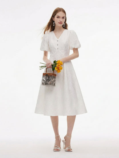 [Preview] Jacquard V-Neck Women Puff Sleeve Maxi Dress