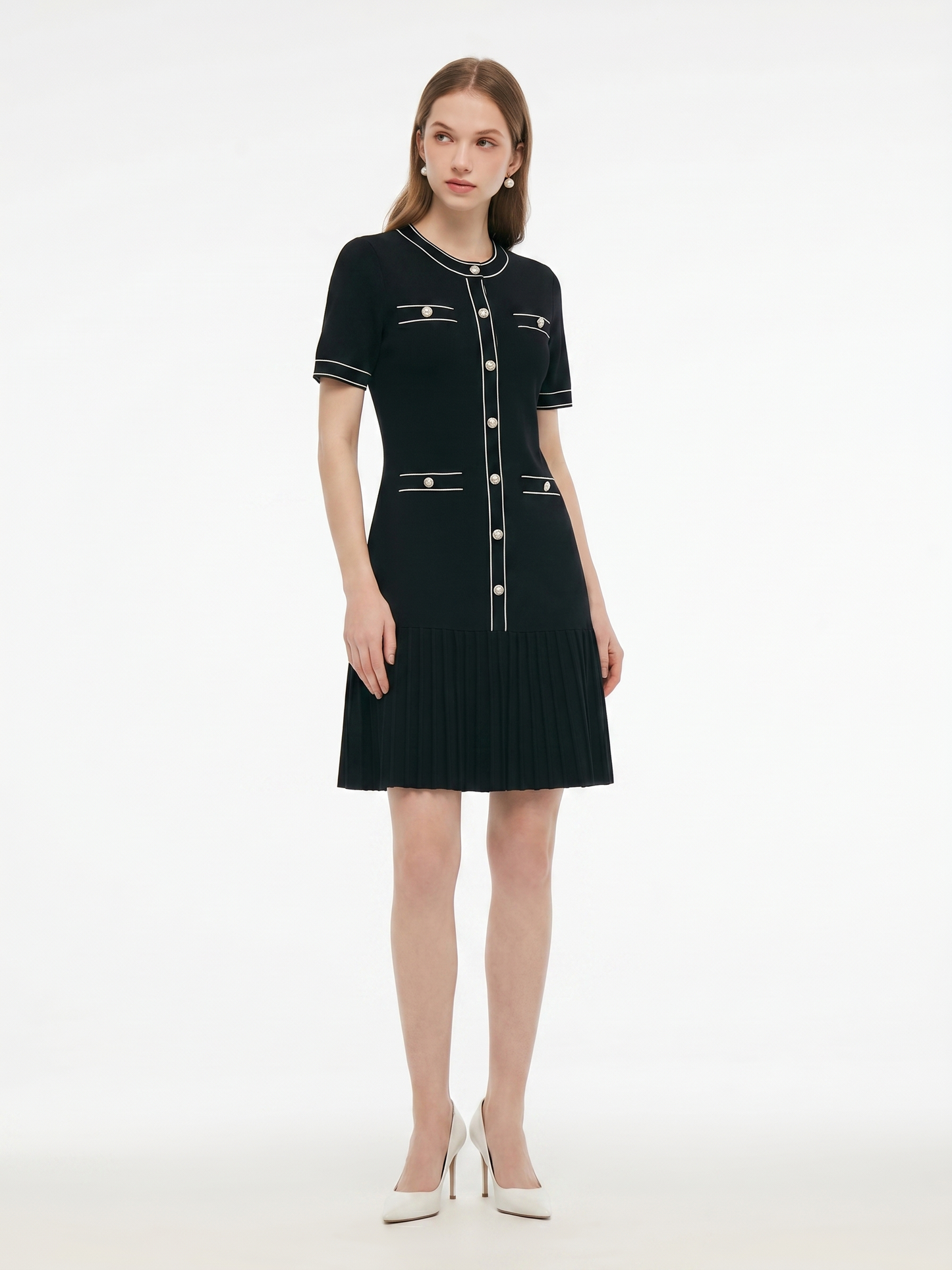 Tencel Blend Contrast Trim Women Pleated Hem Knit Mini Dress