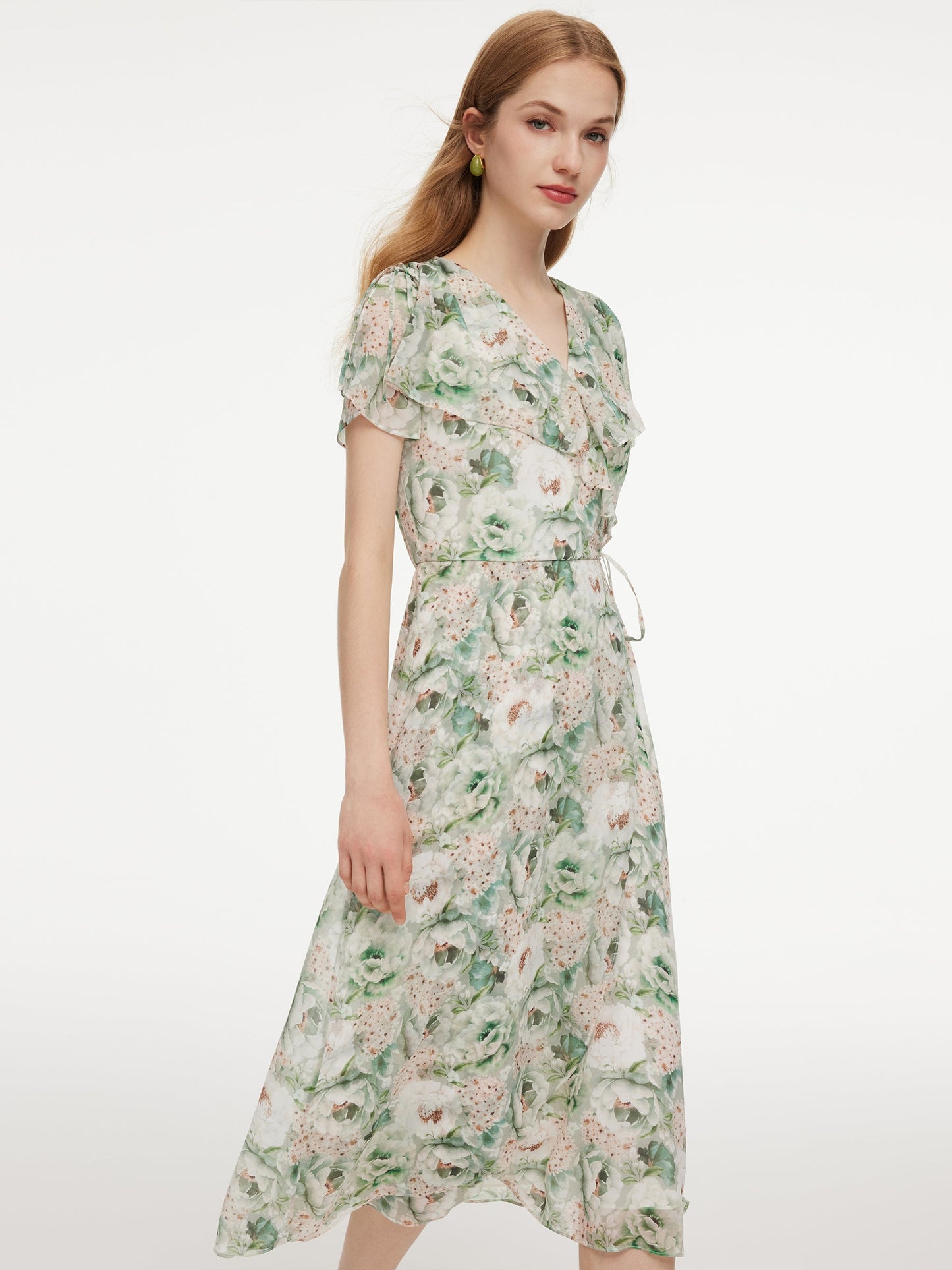 10MM Mulberry Silk Floral Print Ruffled Sleeve Women Wrap Maxi Dress