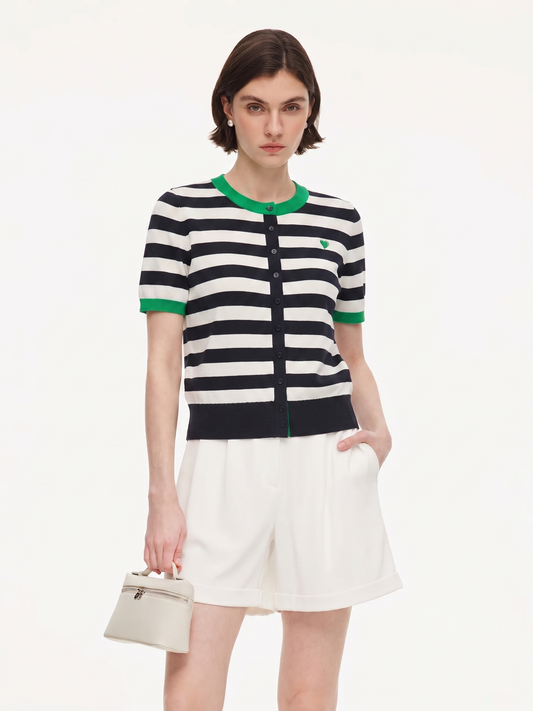 Color Block Stripe Women Embroidered Cardigan