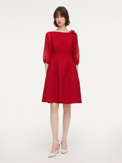 Chili Red Jacquard Boat Neck Women Midi Dress With Detachable Flower