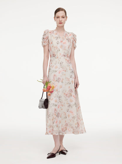 10MM Mulberry Silk Floral Print Women V-Neck Maxi Dress
