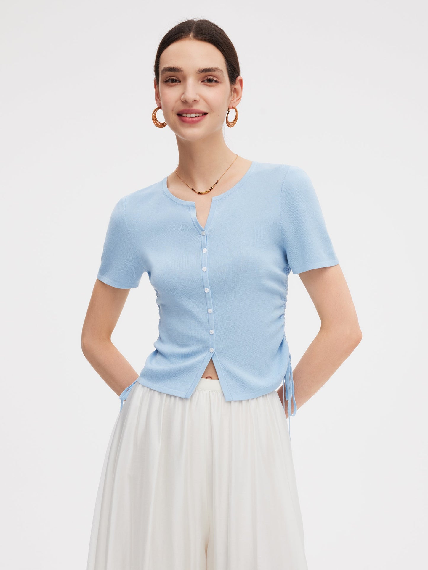 Acetate Tencel Blend Side Drawstring Women Knit Top