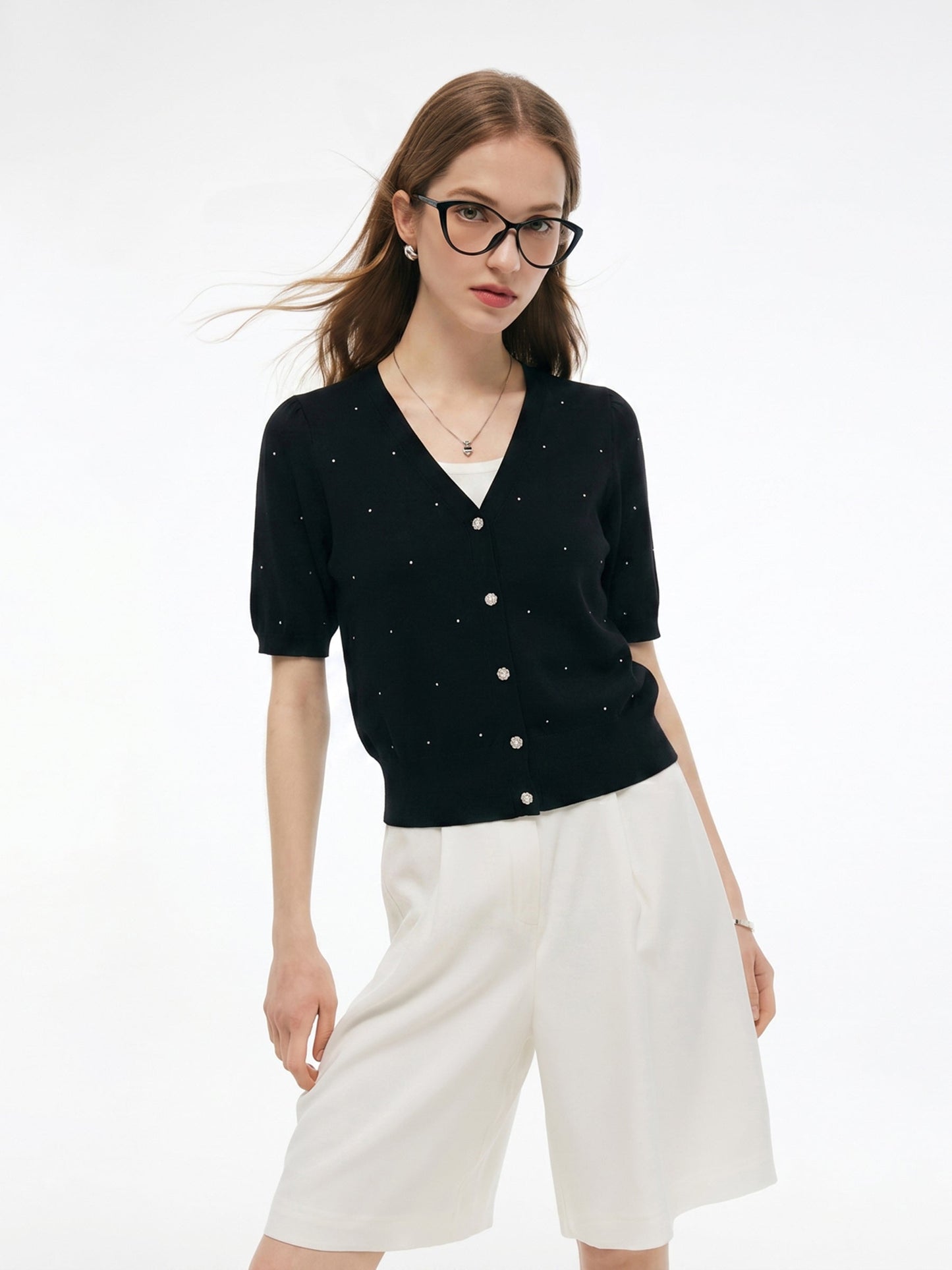 Tencel Wool Blend Rhinestone Women V-Neck Cardigan