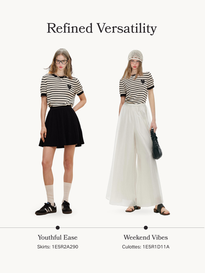 100% Cotton Stripe Women Openwork Knit T-Shirt