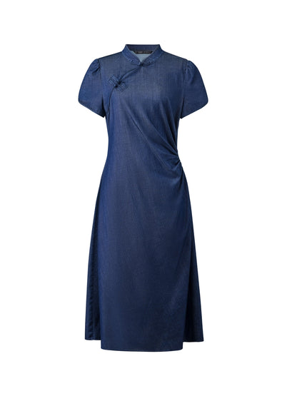 Tencel Blend Denim Side Twist Women Qipao Midi Dress