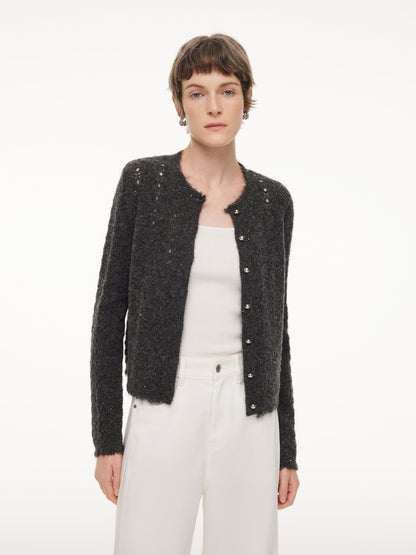 Alpaca Wool Blend Frayed Edges Women Open-Knit Cardigan