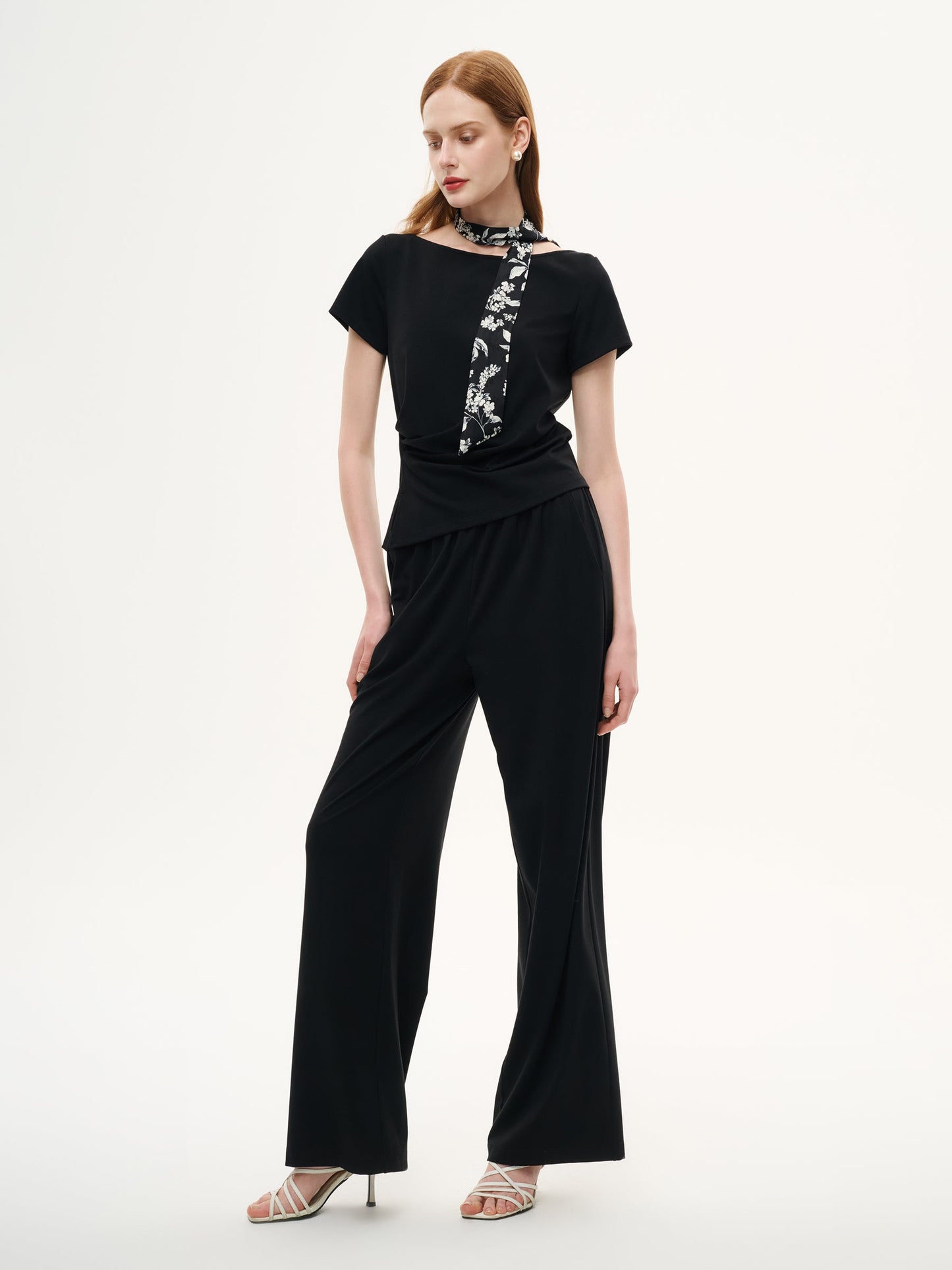 Boat Neck Side Ruched Top And Pants Two-Piece Set With Floral Print Scarf