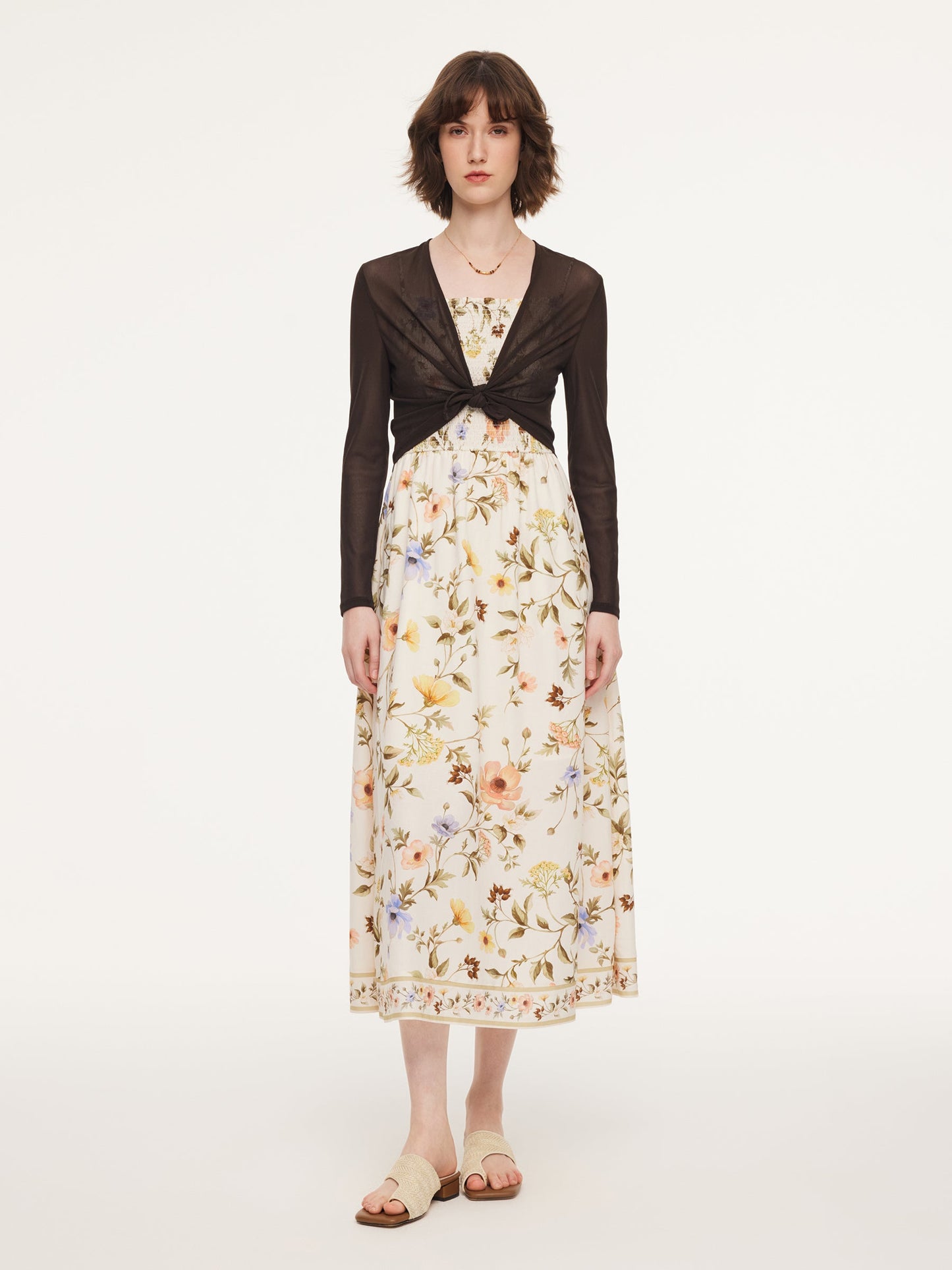 Tencel Blend Cardigan And Floral Print Strap Dress Two-Piece Set