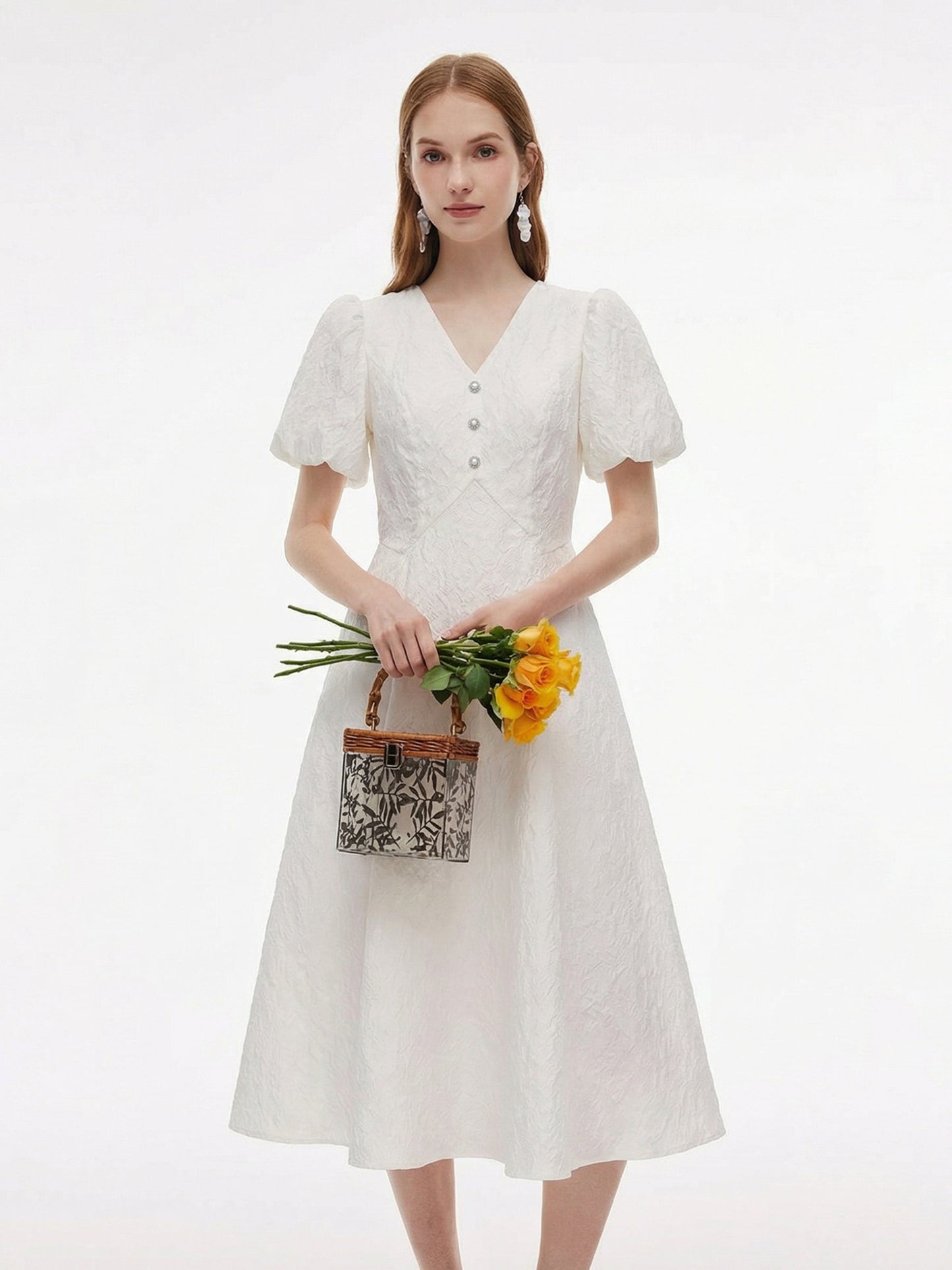 [Preview] Jacquard V-Neck Women Puff Sleeve Maxi Dress