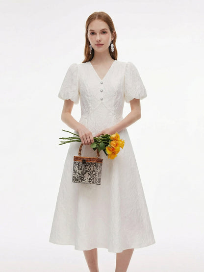 [Preview] Jacquard V-Neck Women Puff Sleeve Maxi Dress