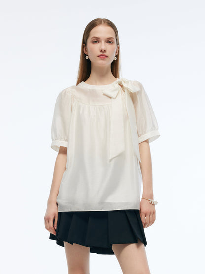Tencel Blend Women Puff-sleeved Blouse