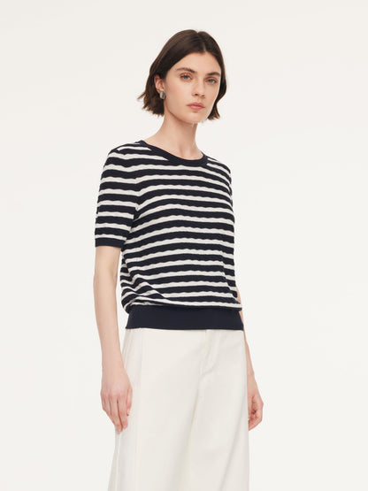 Lyocell Blend Stripe Round Neck Women Knit Top