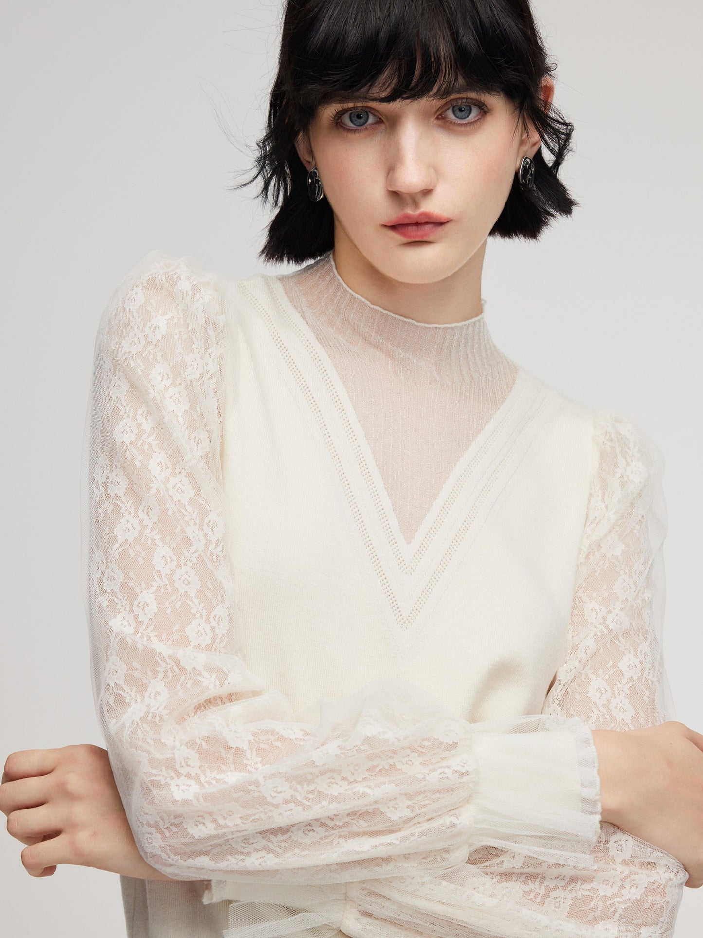 Tencel Wool Blend Lace Patchwork Women Knit Top
