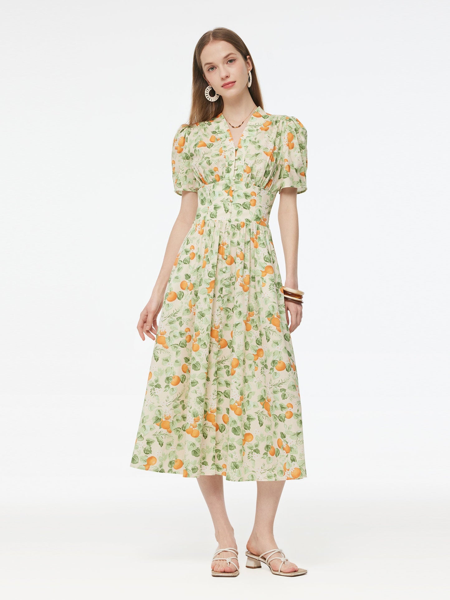 Cotton Gathered Waist Floral Print Women Maxi Dress
